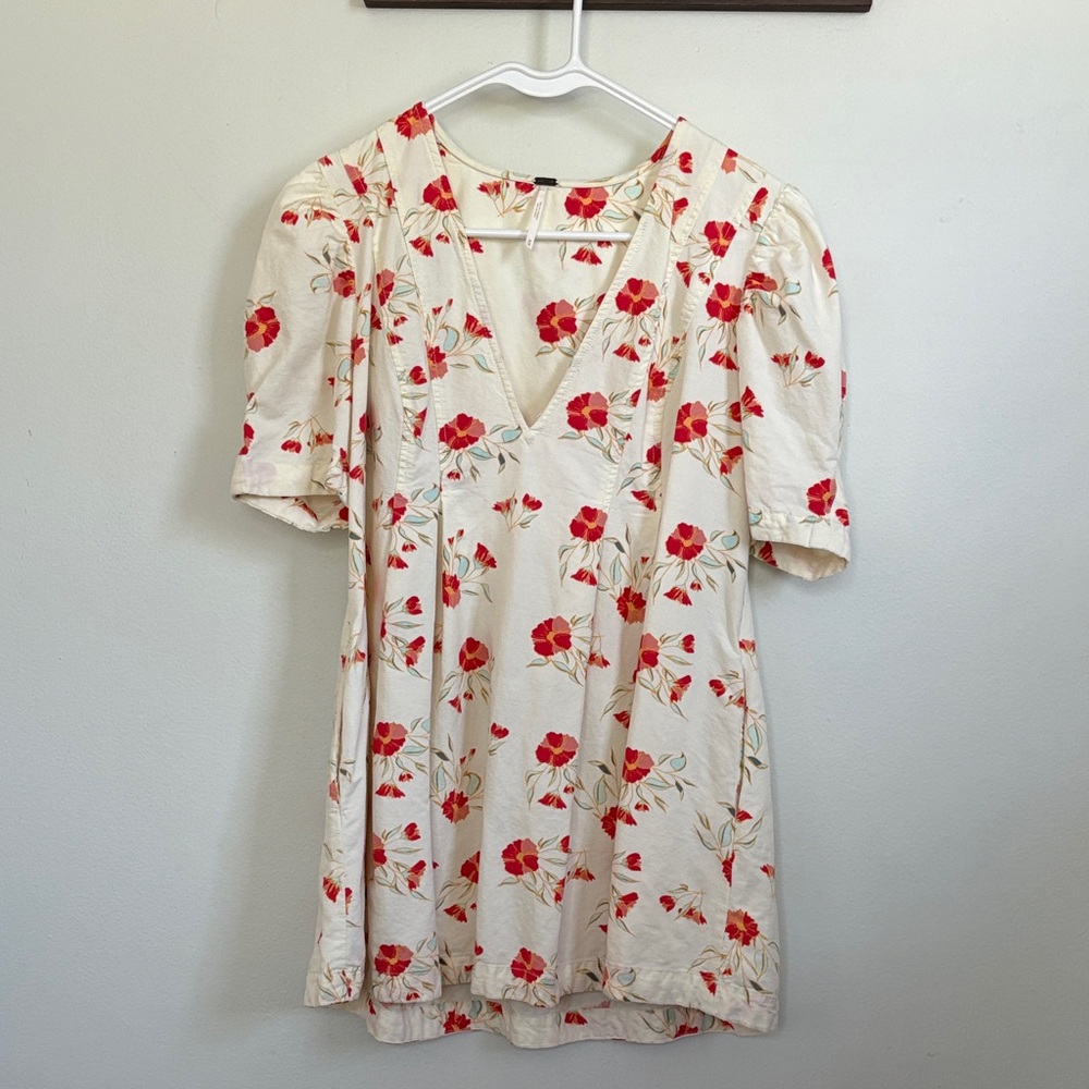 Free People Cream Floral V-Neck Blouse with Red Blooms